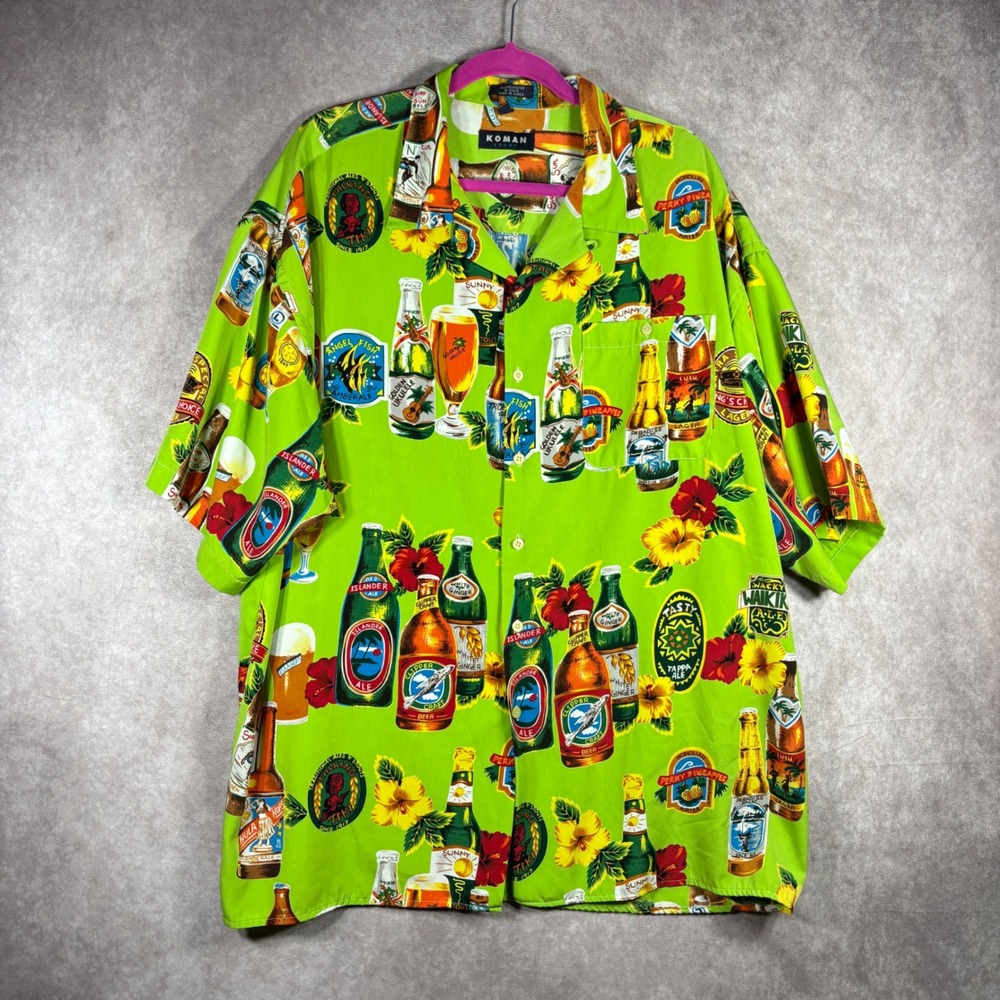 Koman Sport Button Down Men XXL Green Beer Bottle Tiki Hawaiian Camp Shirt Beach